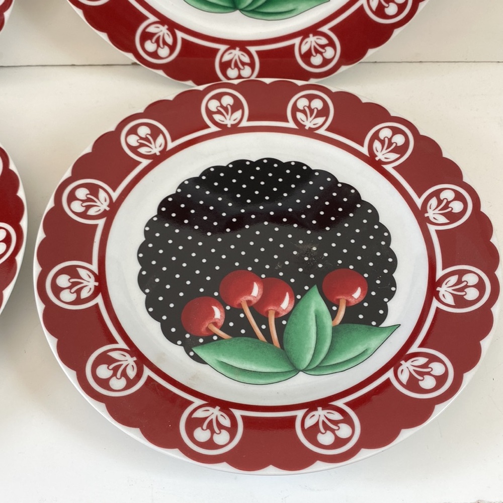 Four Mary Engelbreit Polka Dot And Cherry 8” Plates - Picture 6 of 11